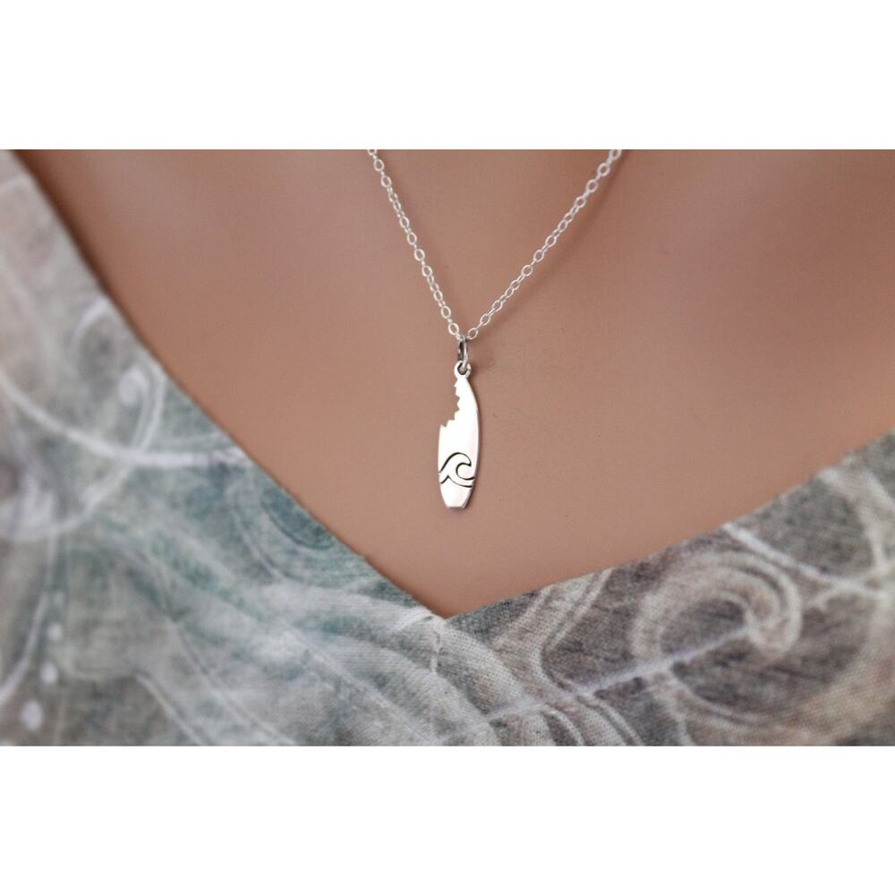 Sterling Silver Surfboard Charm With Shark Bite Necklace
